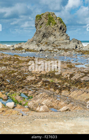 Ein Blick auf die Felsformationen Widemouth Bay, North Cornwall, UK Stockfoto