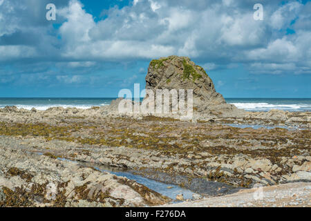 Ein Blick auf die Felsformationen Widemouth Bay, North Cornwall, UK Stockfoto