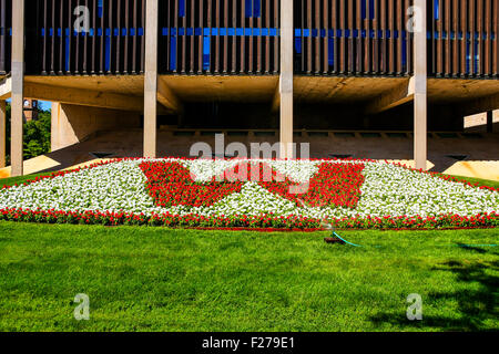 Rote und weiße Blüten verwendet, um ein "W" auf dem Campus der University of Wisconsin in Madison buchstabieren Stockfoto