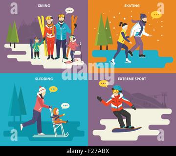 Familie mit Kinder Konzept flache Icons set Wintersport Stock Vektor