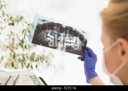 Zahnärztin, die Prüfung eines Röntgen-Berichts, München, Bayern, Deutschland Stockfoto