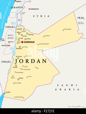 Jordan politische Karte mit Hauptstadt Amman, Landesgrenzen, wichtige Städte, Flüsse und Seen. Englische Beschriftung und Skalierung. Stockfoto