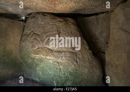 Mähne Lud neolithischen Dolmen gekammert Cairn. Locmariaquer, Bretagne, Frankreich. Geschnitzte spritzenden Wal auf dem Durchgang Ende Stein Stockfoto