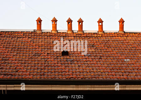 Sechs Kamine auf Fliesen Dach Stockfoto