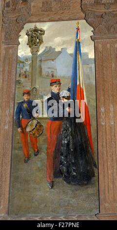 WW1-Denkmal in Eglise Notre-Dame De La Tronchaye. Rochefort En Terre, Bretagne, Frankreich. Bedienfeld "" mit der Dorf-calvaire Stockfoto