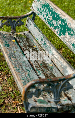 Alte grüne Holzbank auf dem grünen Rasen im Rasen. Stockfoto