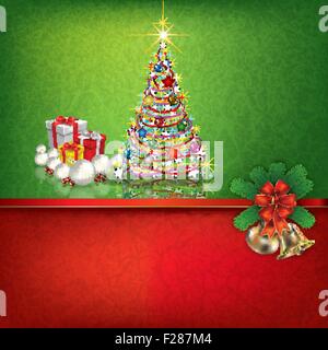 Abstract Grunge rot grünen Hintergrund mit Hand Glocken Geschenke und Weihnachtsbaum Stock Vektor