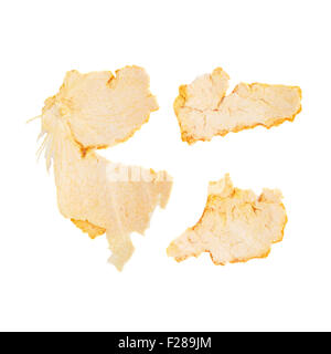 Verschiedene Teile des Tangerine Peel isoliert auf weißem Hintergrund, Ansicht von oben Stockfoto