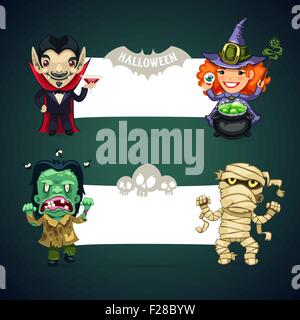 Vektor Halloween Banner Whith Monster-Set Stock Vektor