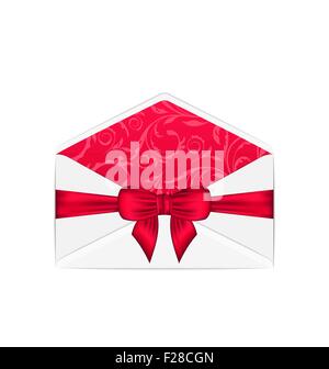 Leeren offenen weißen Umschlag mit rosa Schleife Band, isoliert am Pfingstmontag Stock Vektor
