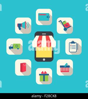 Konzept der Online-Shop, E-Commerce, bunte einfache Symbole Stock Vektor