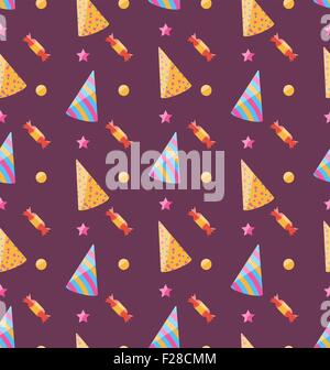 Doodle-Stil Party oder Feier nahtlose Vektorobjekte Hintergrund.  Enthält Geschenke, Krachmacher, Partyhüte und Konfetti. Stock Vektor