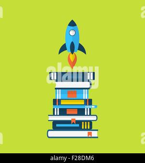 Konzept des Start-up-Idee, flache Ikonen der Heap Lehrbücher und rocke Stock Vektor