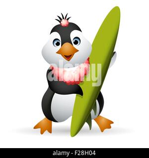 Pinguin in Blume Halskette Holding ein Surfbrett. Abbildung im Cartoon-Stil. Isoliert auf weißem Hintergrund. Stock Vektor