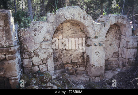 Teil der Innenwände mit Spuren der frühen christlichen Fresken im zerstörten byzantinische Kapelle im Wald in der Nähe von Yeni Erenkoy, Karpaz Halbinsel, Nord-Zypern Stockfoto