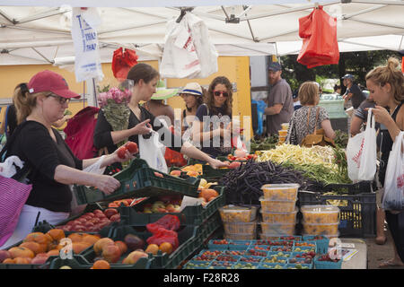 Gesundheits-bewusste Menschen-Shop an der Grand Army Plaza Farmers Market in Brooklyn, New York. Stockfoto