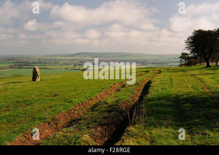 Ausgefahrene Spur über die Downland vor dem Gedenkstein an lokale Autoren Richard Jefferies und Alfred Williams. Stockfoto