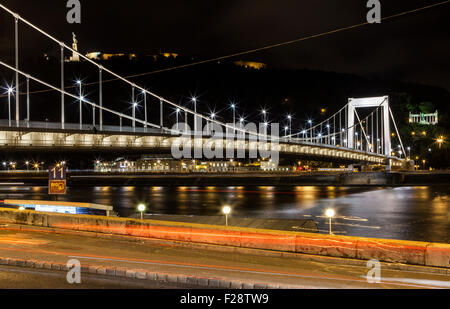 Einen schönen nächtlichen Blick auf die Elisabeth-Brücke mit der Zitadelle und der Freiheitsstatue im Hintergrund auf dem Gellertberg im Keim zu ersticken Stockfoto