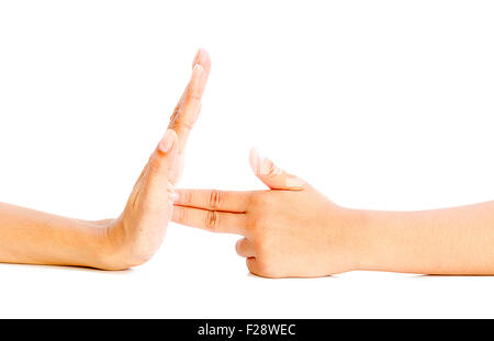 aufhören zu kämpfen mit der Pistole Stopp der Verwendung von Kraft zu stoppen die Gewalt stoppen: Palm der Frau Stop Waffe machte der Finger. Stockfoto