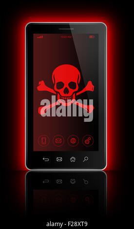 3D Smartphone mit einem Piraten-Symbol auf dem Bildschirm. Hacking-Konzept Stockfoto