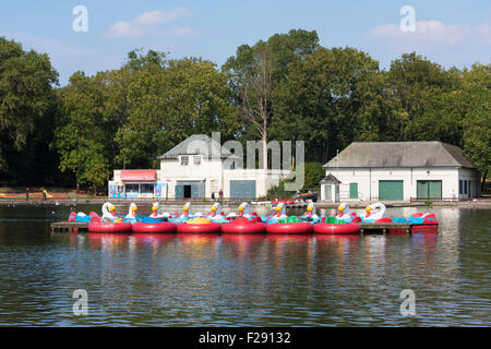 Schwan geformt Vergnügen Boote auf dem See im Stanley Park, Blackpool, Lancashire Stockfoto