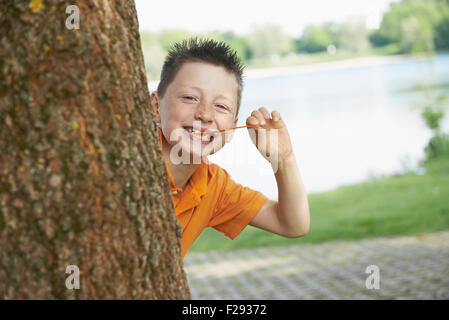 Jungen ziehen Kaugummi und spähen aus hinter einem Baum, Bayern, Deutschland Stockfoto