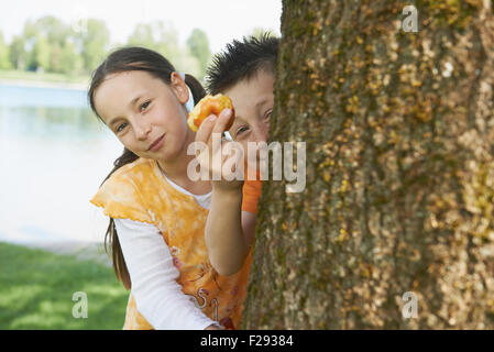 Mädchen spähen hinter einem Baum mit ihrem Bruder zeigt die Hälfte gegessen Apple, Bayern, Deutschland Stockfoto