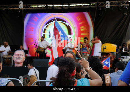 Puerto Ricans wehende Fahnen an den Fiesta Boricua (Puerto-Ricanischen Festival) im Stadtteil Humboldt Park Stockfoto