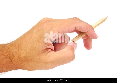 Hand mit Bleistift auf einem weißen Hintergrund isoliert Stockfoto