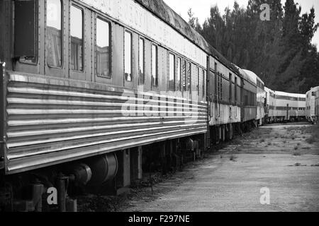 Einem alten Zug mit PKW auf einem Trainyard, schwarz / weiß-Bild. Stockfoto