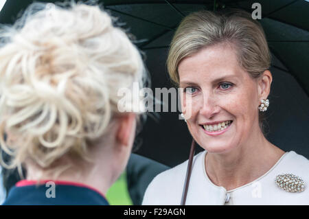 Hillsborough, Nordirland. 14 Sep 2015. Prince Edward, Earl of Wessex, spricht mit Gästen auf der jährlichen Hillsborough Palace Castle Garden Party. Bildnachweis: Stephen Barnes/Alamy Live-Nachrichten Stockfoto