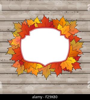 Herbst-Label mit Ahorn Blätter, Holz Textur Stock Vektor