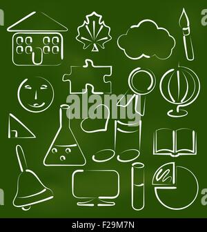 Kreide-Doodle-Stil Schule Symbole inmitten Stock Vektor