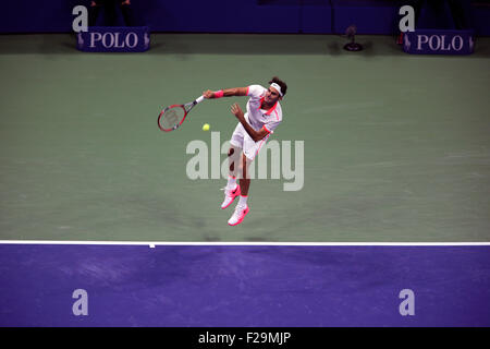 New York, USA. 13. September 2015. Roger Federer dient dazu, Novak Djokovic Serbien im Finale der US Open. Djokovic besiegte Federer 6-4, 5-7, 6-4, 6-4 gewinnt seinen zweiten US-Open-Titel in Flushing Meadows, New York am 13. September 2015. Bildnachweis: Adam Stoltman/Alamy Live-Nachrichten Stockfoto