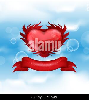 Rotes Herz auf blauen Himmelshintergrund zum Valentinstag Stock Vektor