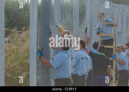 Roszke, Ungarn. 14. Sep, 2015. Ungarische Gefängniswärter beenden die letzten Meter des Zauns an der Grenze zu Serbien, in der Nähe von Roszke, Ungarn, 14. September 2015. Ungarische Behörden rollte ein Rasiermesser-wired Railroad Wagen auf freier Strecke, der am Montag den letzten offene Punkt auf der Ungarn-Serbien-Grenze im Roszke gekennzeichnet. Bildnachweis: Attila Volgyi/Xinhua/Alamy Live-Nachrichten Stockfoto