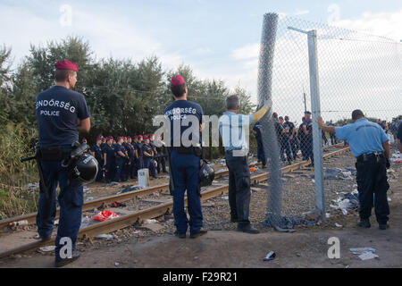 Roszke, Ungarn. 14. Sep, 2015. Ungarische Gefängniswärter beenden die letzten Meter des Zauns an der Grenze zu Serbien, in der Nähe von Roszke, Ungarn, 14. September 2015. Ungarische Behörden rollte ein Rasiermesser-wired Railroad Wagen auf freier Strecke, der am Montag den letzten offene Punkt auf der Ungarn-Serbien-Grenze im Roszke gekennzeichnet. Bildnachweis: Attila Volgyi/Xinhua/Alamy Live-Nachrichten Stockfoto