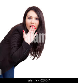 Erstaunt Geschäftsfrau isoliert auf weißem Hintergrund Stockfoto