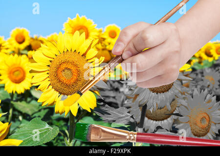 Konzept - Hand Farben Pinsel gelbe Blütenblätter und grüne Ernte von Sonnenblumen verlässt Stockfoto