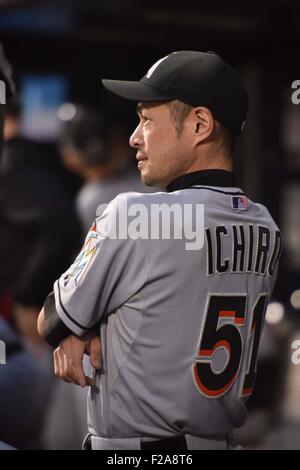 Flushing, New York, USA. 14. Sep, 2015. Ichiro Suzuki (Marlins) MLB: Ichiro Suzuki von Miami Marlins auf der Trainerbank vor der Major League Baseball Game gegen die New York Mets im Citi Field Stadium in Flushing, New York, Vereinigte Staaten. Bildnachweis: Hiroaki Yamaguchi/AFLO/Alamy Live-Nachrichten Stockfoto