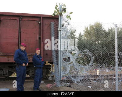 Roeszke, Ungarn. 15. Sep, 2015. Ungarische Polizisten bewachen das letzte Teilstück der Grenzzaun neben eines Güterwagens zwischen Ungarn und Serbien in der Nähe von Roeszke, Ungarn, 15. September 2015. Der Güterwagen wurde in Position Gefahren, um die Lücke im letzten Abschnitt der 175 Kilometer langer Zaun entlang der Grenze zwischen Serbien und Ungarn zu füllen. Foto: Thomas Brey, Dpa/Alamy Live News Stockfoto