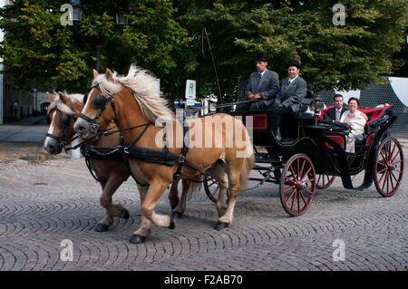 Pferd und Kutschfahrten. Ohne Pferd und Wagen unterwegs durch die gepflasterten Straßen zu gehen besuchen Sie Brügge. Ab Marktplatz (der Haupttreffpunkt), €30 pro Wagen, nimmt der Reiter Sie auf eine 35-minütige Tour durch die Stadt, mit einer kurzen Pause in der Nähe der See der Liebe (auch bekannt als Minnewater) wo die Pferde füttern. Touren beginnen Sie jeden Tag von 09:30-17:30, die Touren in Niederländisch, Deutsch, Englisch und Französisch durchgeführt werden. Verpassen Sie nicht diese unglaubliche Erfahrung! Die meisten Wagen haben Vordächer bei nassem Wetter. Stockfoto