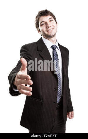 Freundlichen Geschäftsmann mit offener Hand bereit für eine Einigung Stockfoto