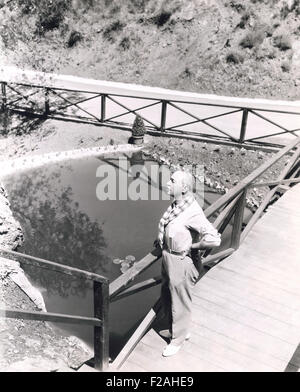 Erhöhte Ansicht der Mann auf der Brücke mit Blick auf Teich (OLVI007 OU974 F) Stockfoto