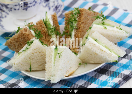Weißer und brauner Frischkäse und Gurken-Sandwiches auf kariertem Stoff Stockfoto
