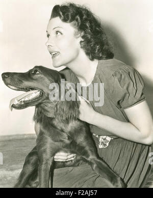 Eine Frau hält ihr Irish Red Setter (OLVI007 OU832 F) Stockfoto