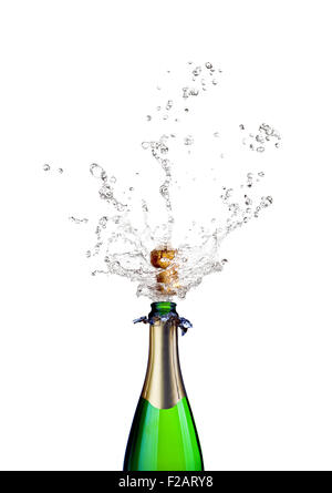 Detail der knallende Champagner auf weißem Hintergrund Stockfoto