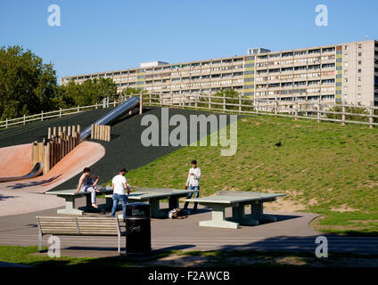 Walworth, London - 10. September 2015: im Burgess Park, South London, mit Blick auf Southwarks Aylesbury Estate Stockfoto