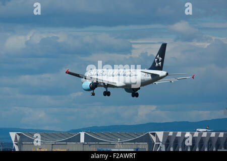 FRANKFURT AM MAIN, Deutschland - 4. September 2015: Austrian Airbus 320 OE-LBX Landung auf der Piste 25 L. inoffizielle Schmierblutungen in Fraport Stockfoto