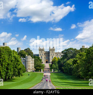 Wanderer auf der Long Walk mit Windsor Castle in die Ferne, Windsor Great Park, Berkshire, England, UK Stockfoto